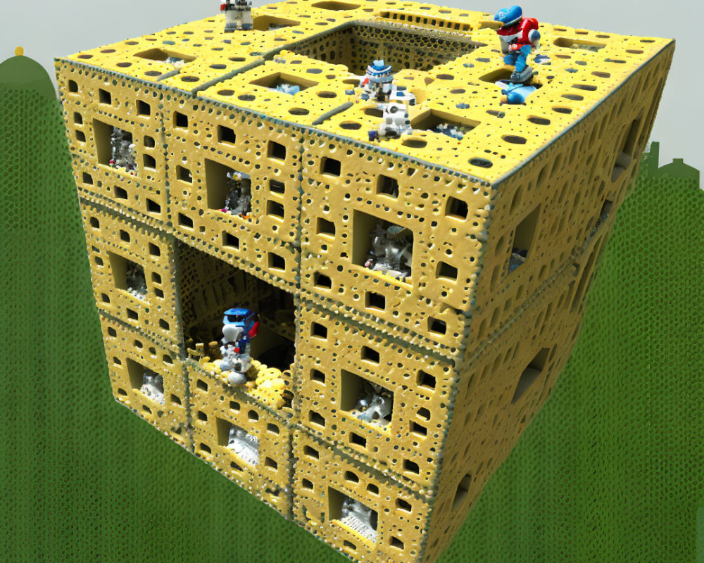 Yellow Cube Structure with Interlocking Pieces and Various Figures