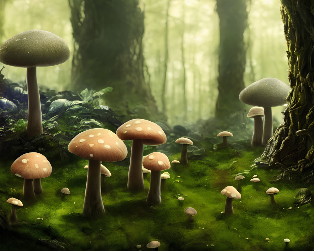 Enchanting forest scene with oversized mushrooms in misty green ambiance