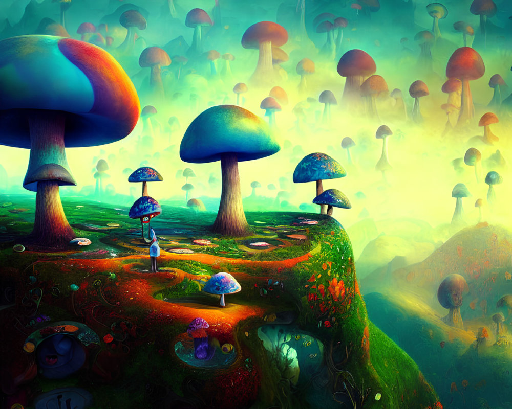 Colorful Fantasy Landscape with Oversized Mushrooms and Small Character Walking in Grassland