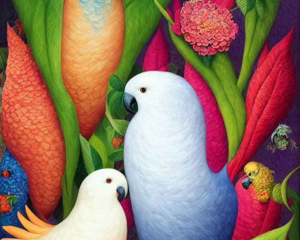 Three stylized birds in vibrant flora setting with intricate textures and a small bird perched.