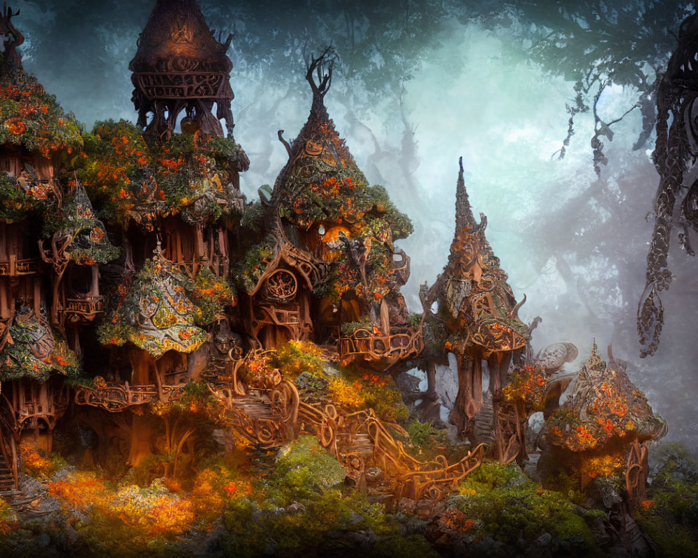 Enchanting forest scene with ornate treehouses and vibrant foliage