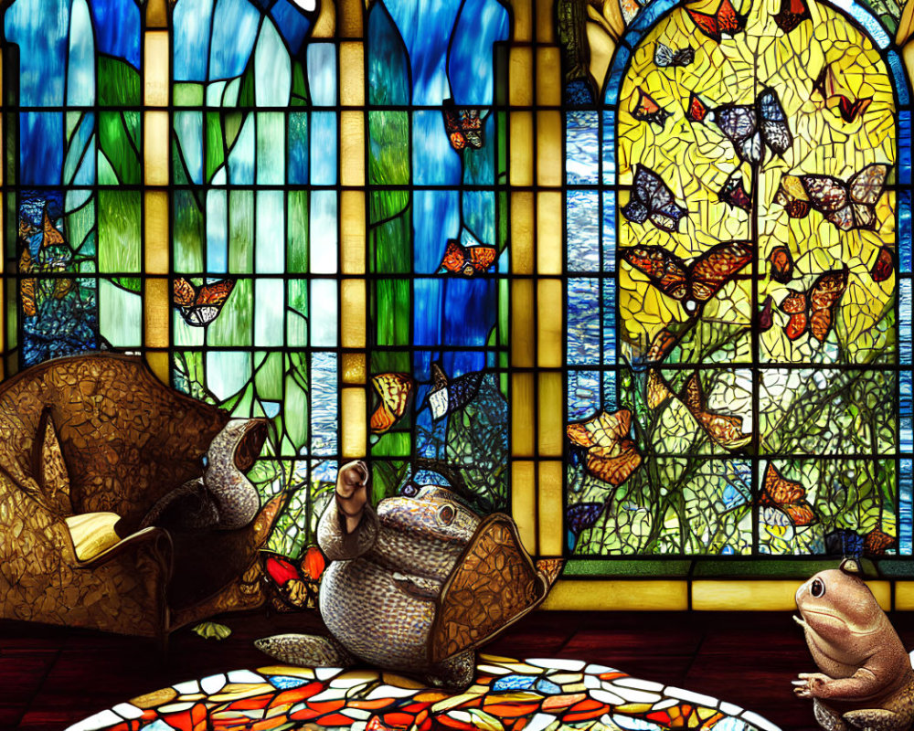 Colorful stained glass room with butterflies, armchair, book, teapot, and frog