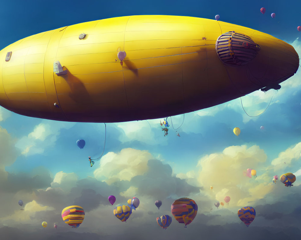 Yellow airship floating amidst colorful balloons and fluffy clouds in the sky