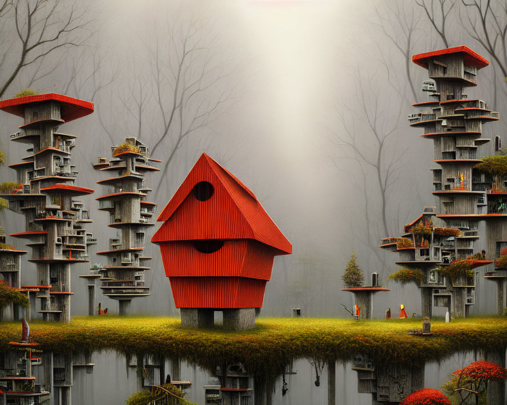 Whimsical landscape featuring giant birdhouse structure amidst tree-like buildings