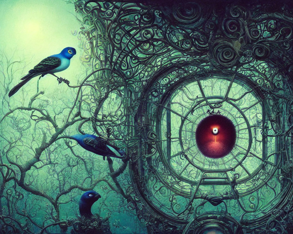 Surreal artwork: Blue birds on twisted branches around ornate window