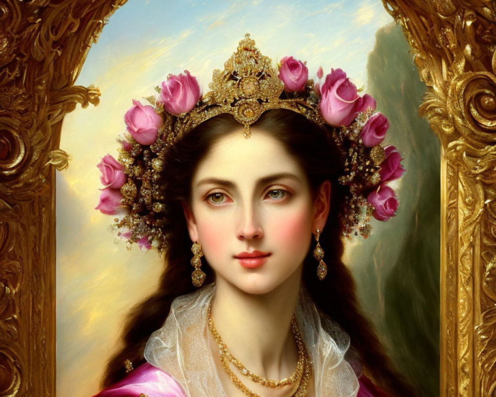 Woman Portrait with Gold Crown and Pink Roses in Ornate Frame