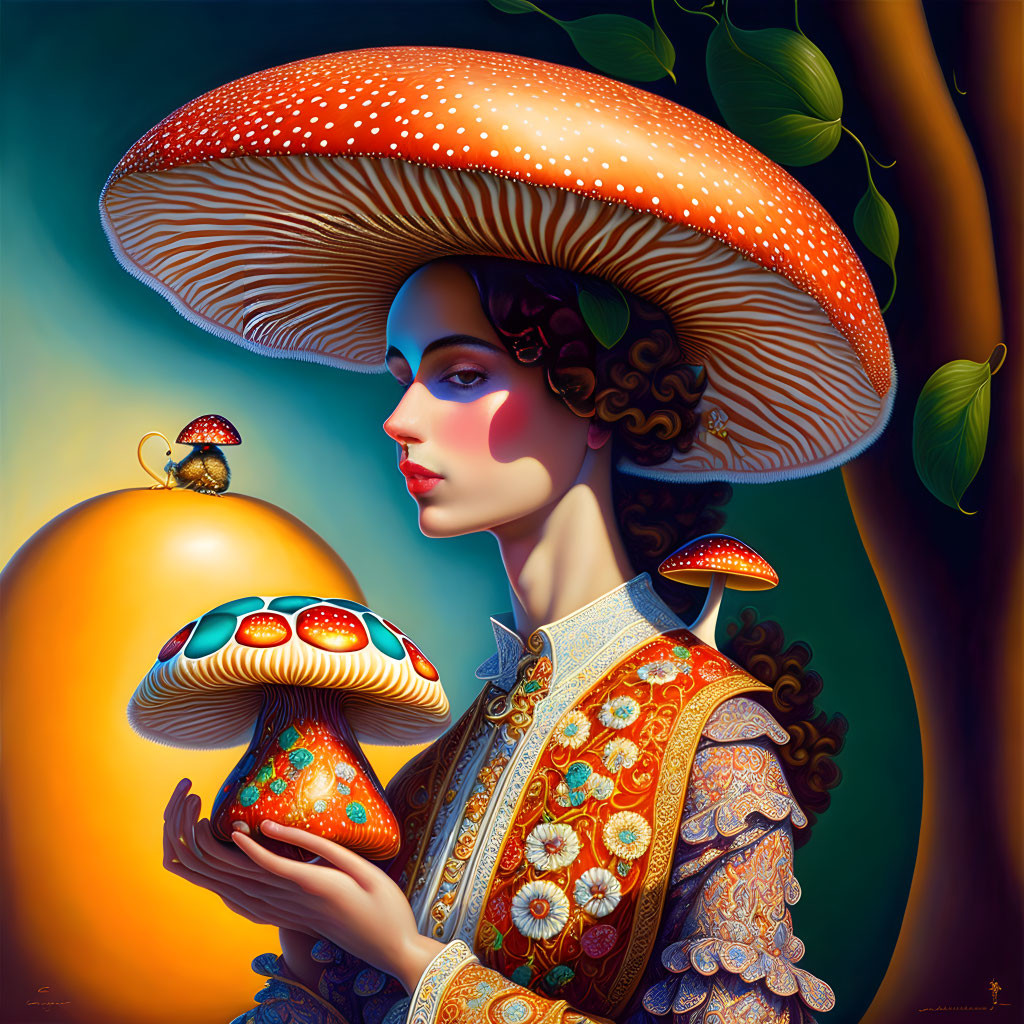 Stylized painting of woman with mushroom hat and bee on orange backdrop