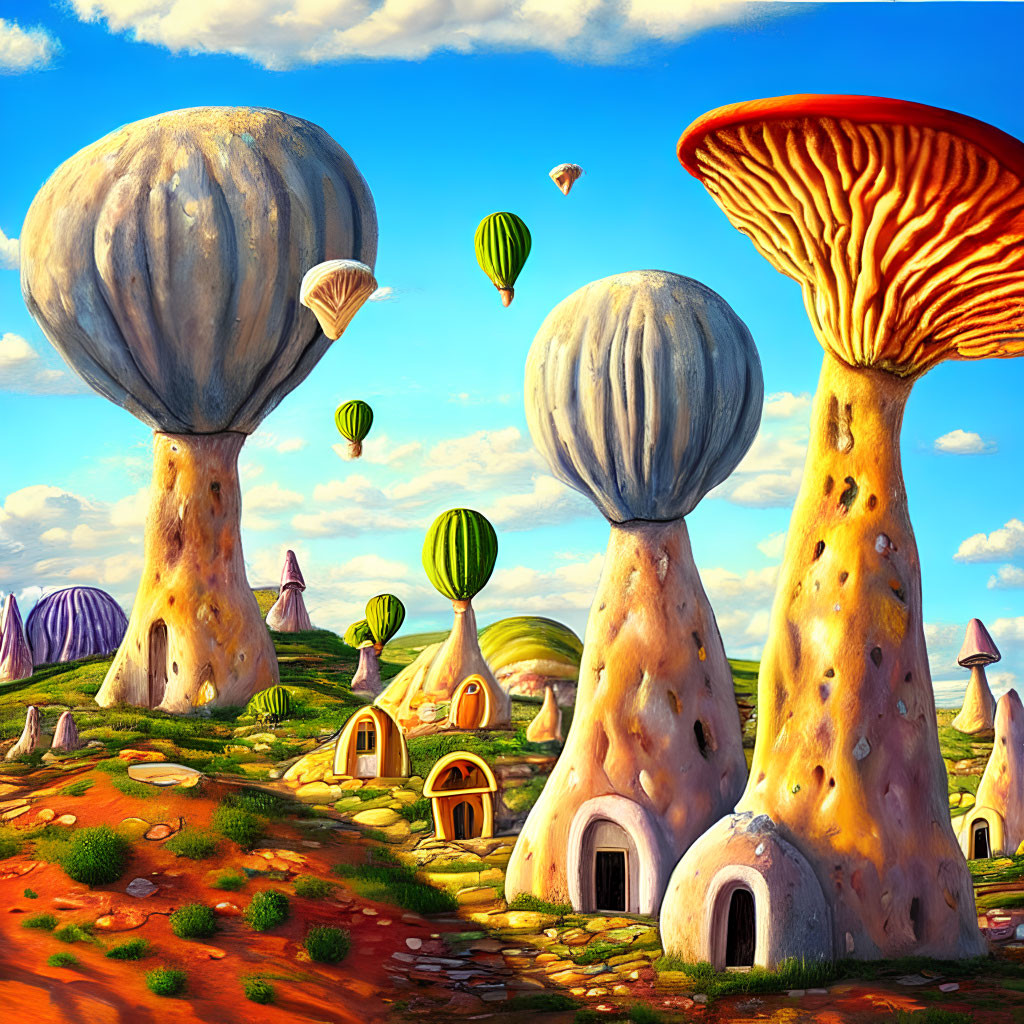 Colorful Mushroom Houses and Hot Air Balloons in Whimsical Landscape