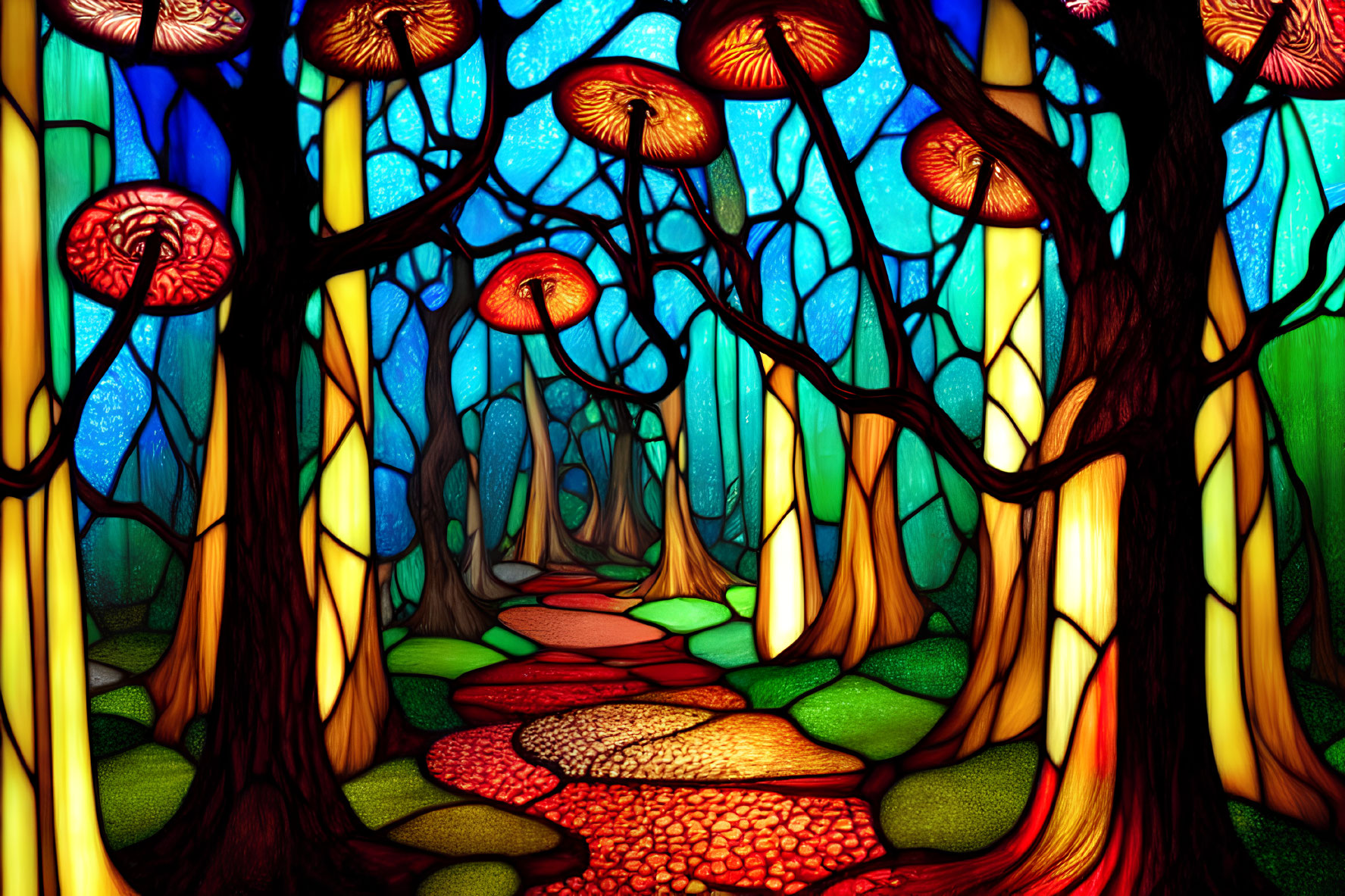 Colorful Stained Glass Style Forest Illustration with Starry Sky