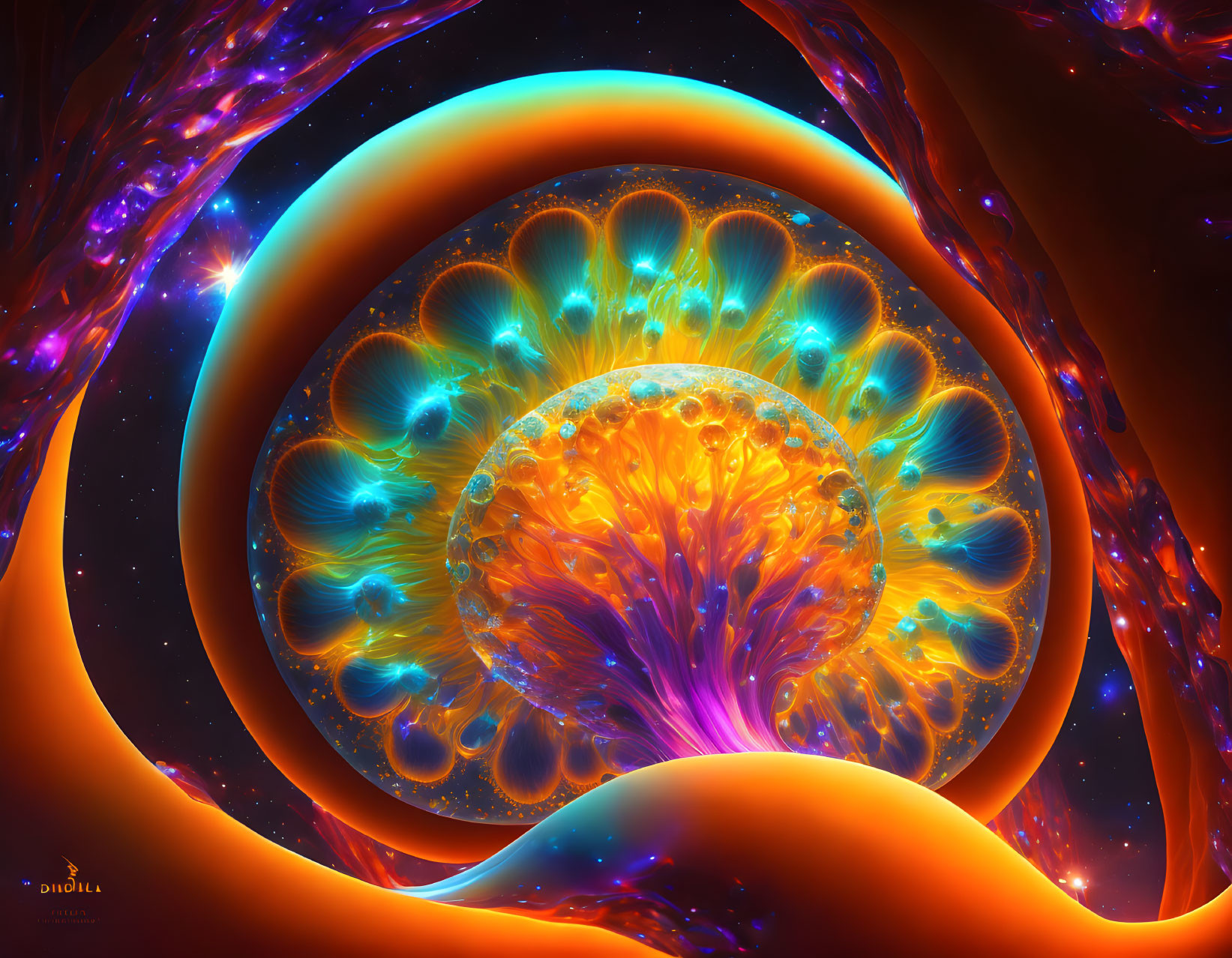 Colorful fractal digital art: spherical core with orange, blue, and purple hues, surrounded by