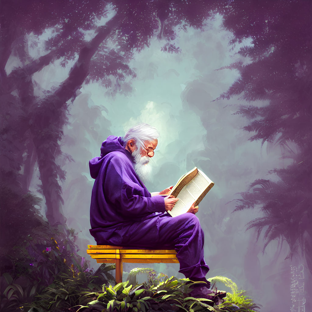 Elderly Person in Purple Robes Reading Book in Misty Forest