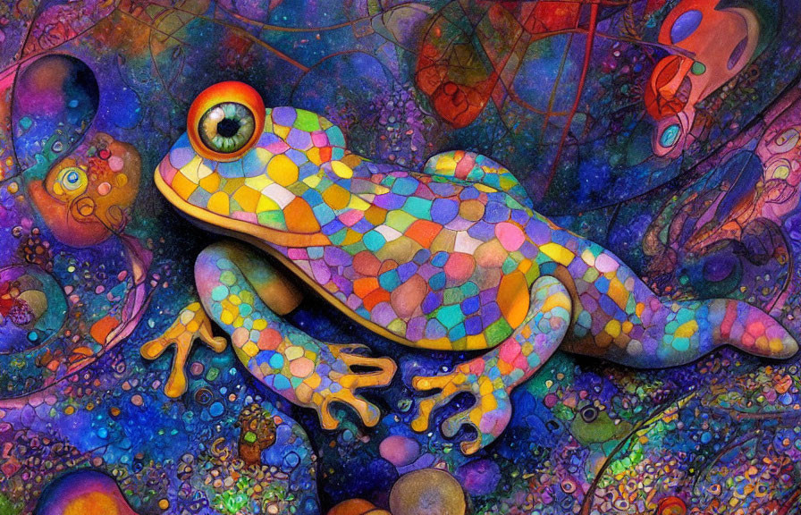 Colorful Mosaic Pattern Frog on Abstract Cosmic Background