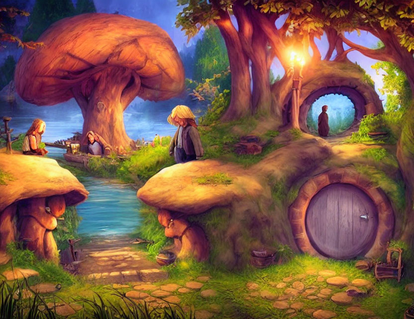 Fantasy illustration: Mushroom-shaped village with cobblestone path and lush greenery