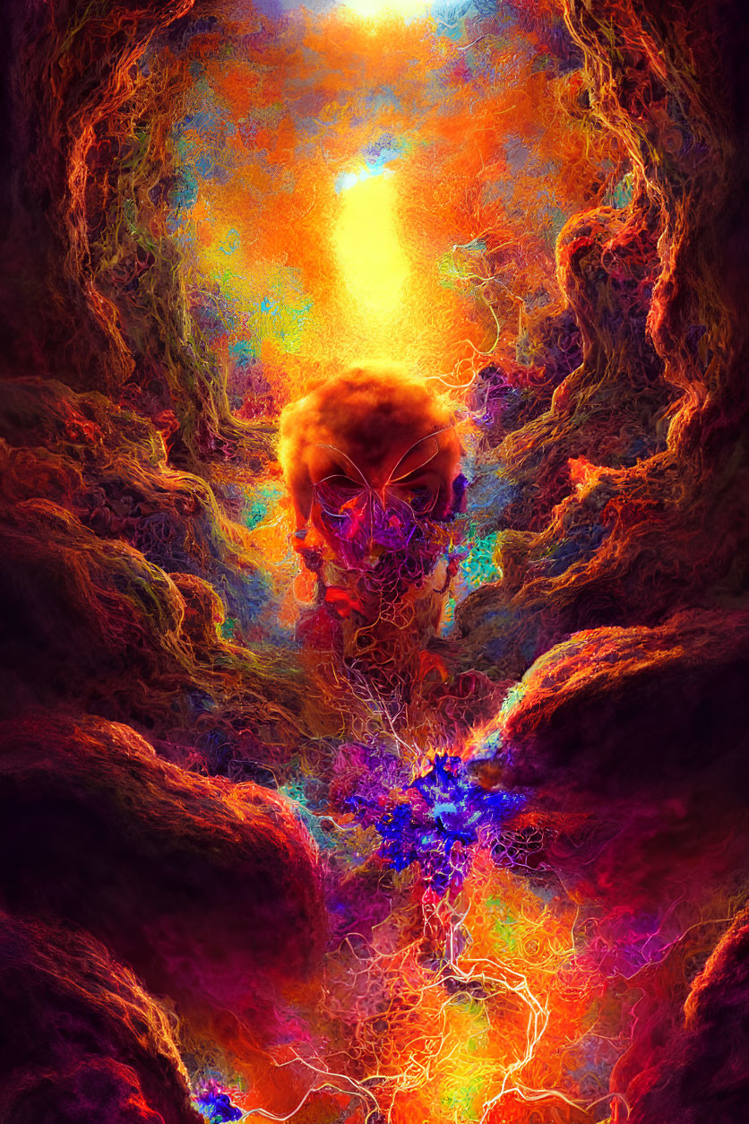 Colorful surreal illustration: Glowing skull in swirling clouds