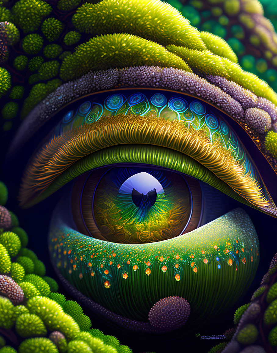 Colorful digital eye artwork with lush green iris and feather-like lashes