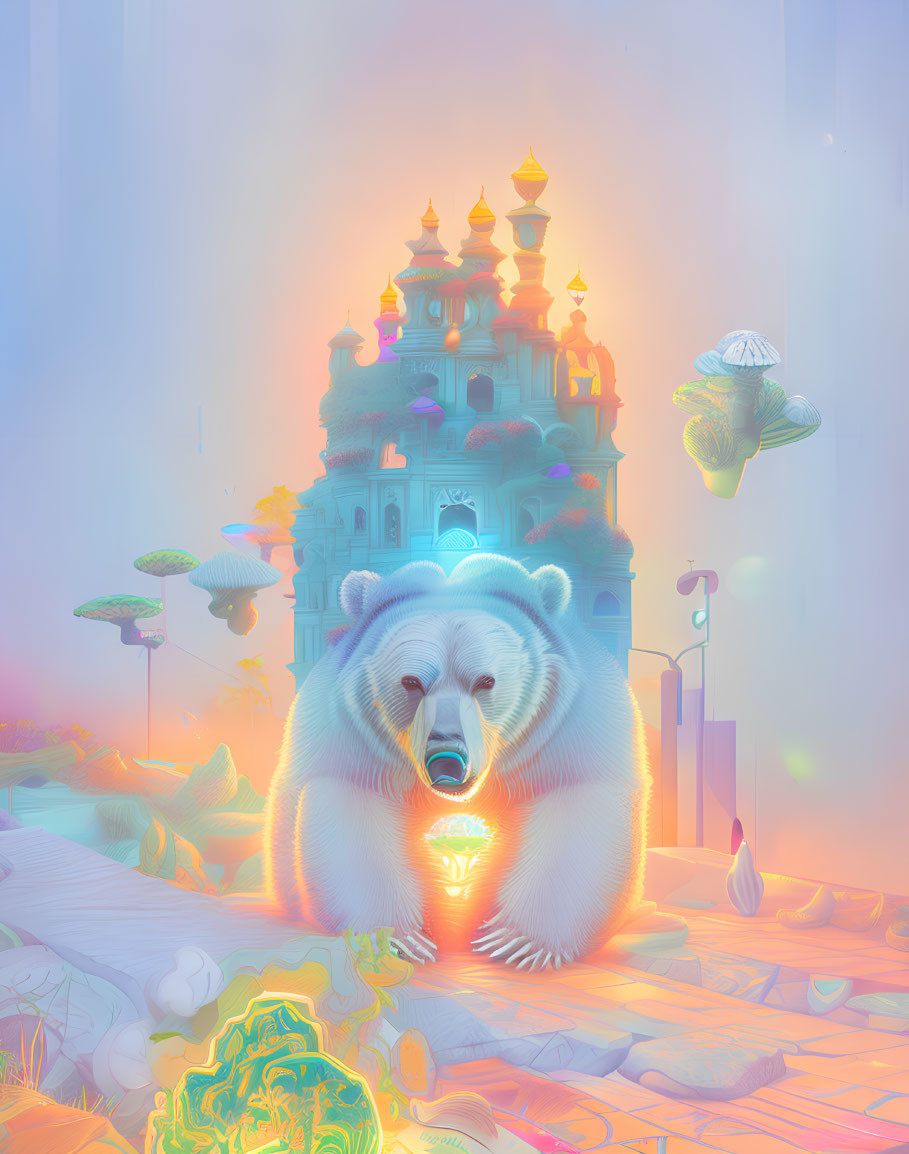 Surreal image: Bear with glowing orb, whimsical castle, floating mushrooms