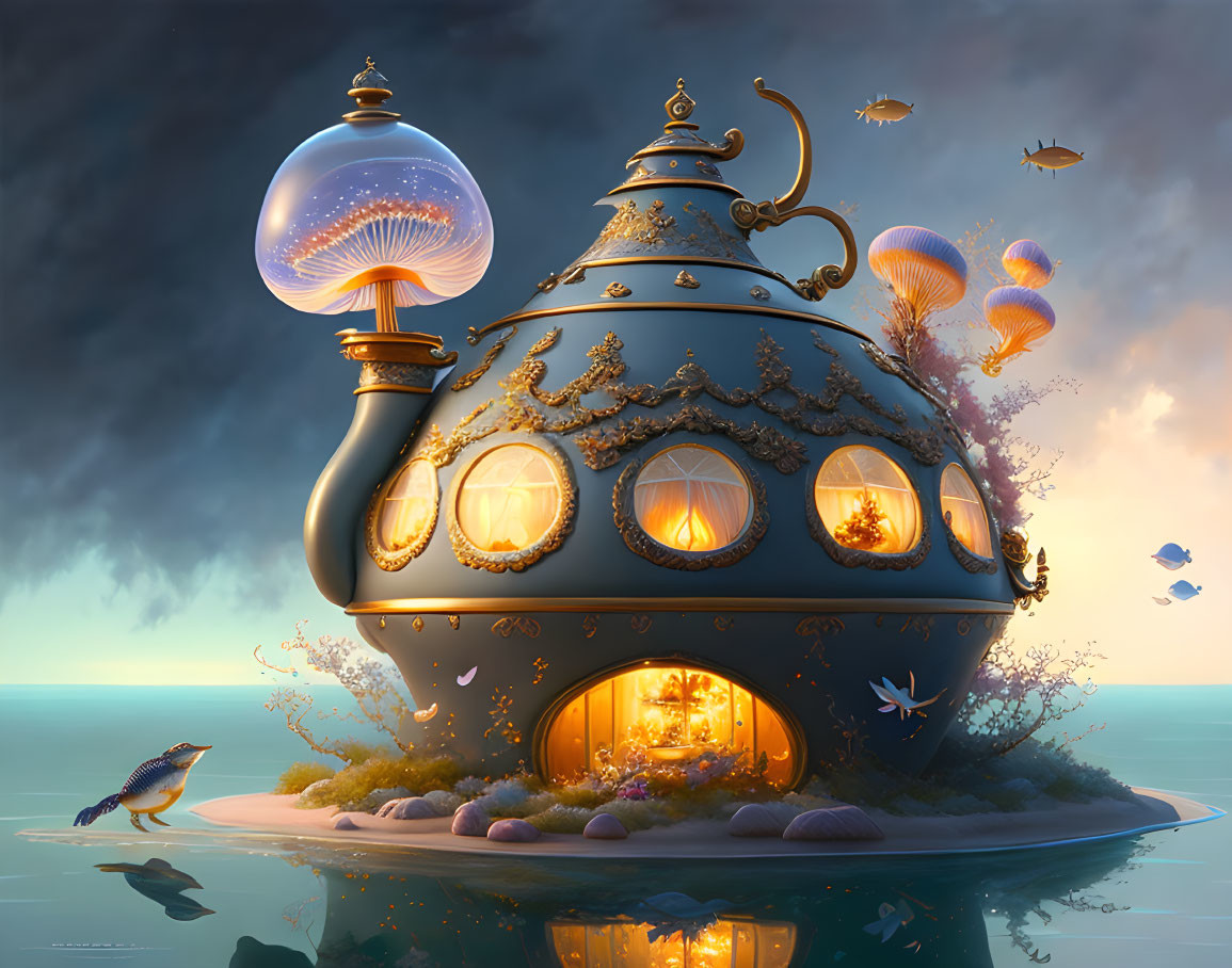 Fantasy Teapot House Submerged in Seabed with Glowing Windows