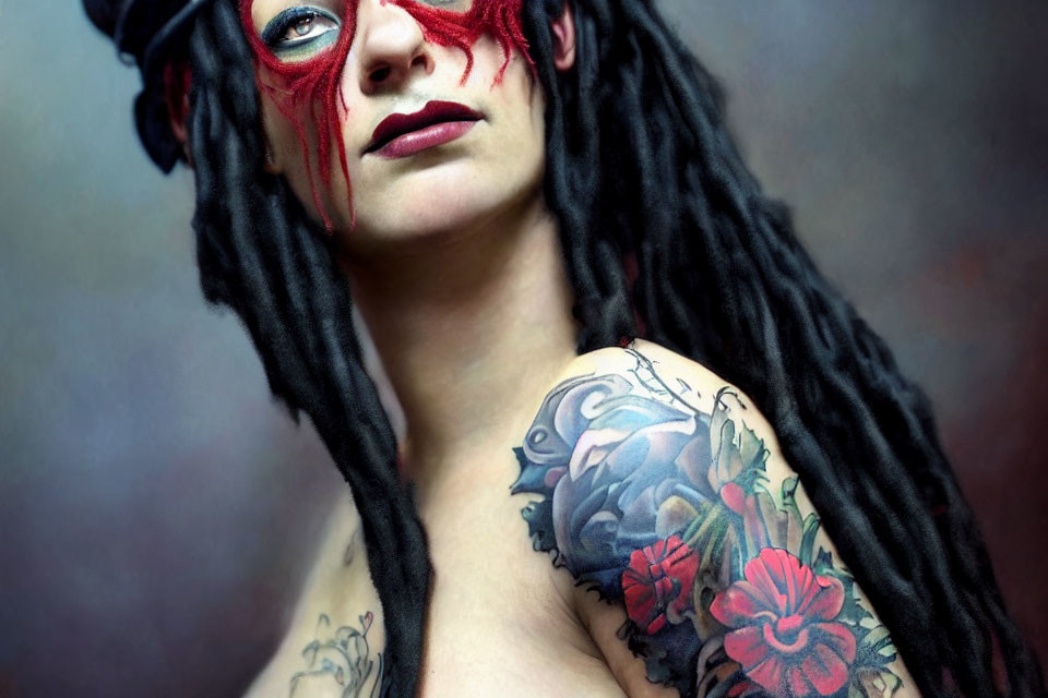 Woman with Black Dreadlocks and Red Makeup, Shoulder Tattoos of Floral and Aquatic Designs