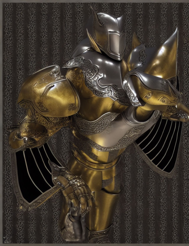 Intricate gold and silver accented armor with full helm on patterned backdrop