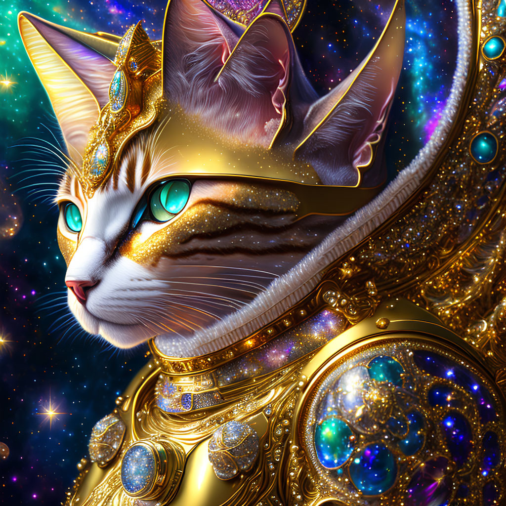 Majestic cat in golden armor with blue eyes on cosmic background