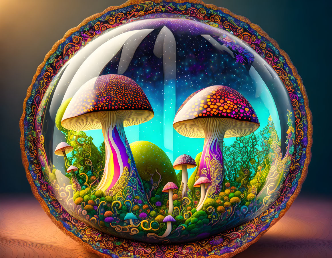 Colorful Psychedelic Mushroom Illustration with Cosmic Background and Floral Frame