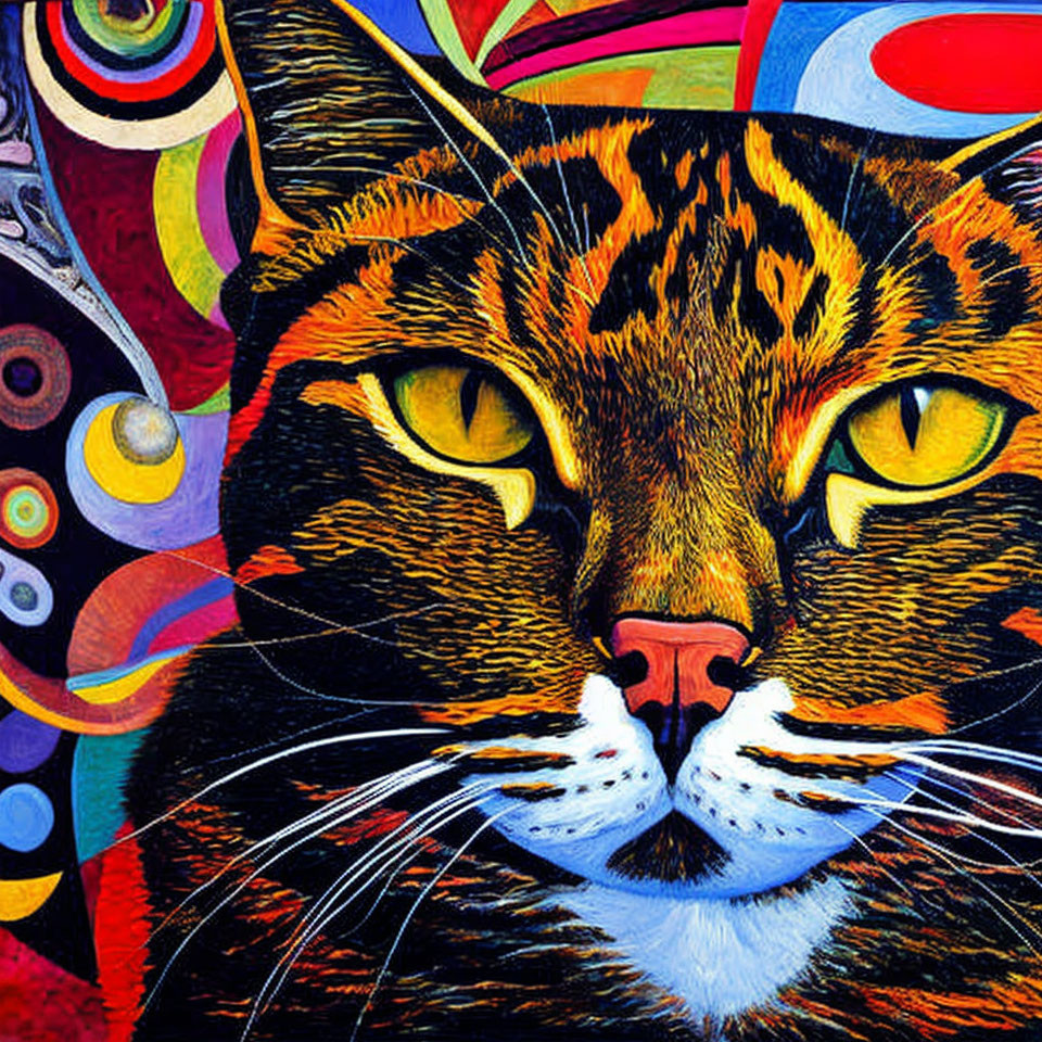 Colorful Abstract Artwork: Cat with Intense Yellow Eyes