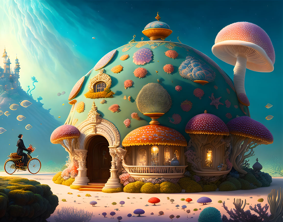 Fantastical underwater scene with person on bicycle among mushroom-shaped buildings and jellyfish.