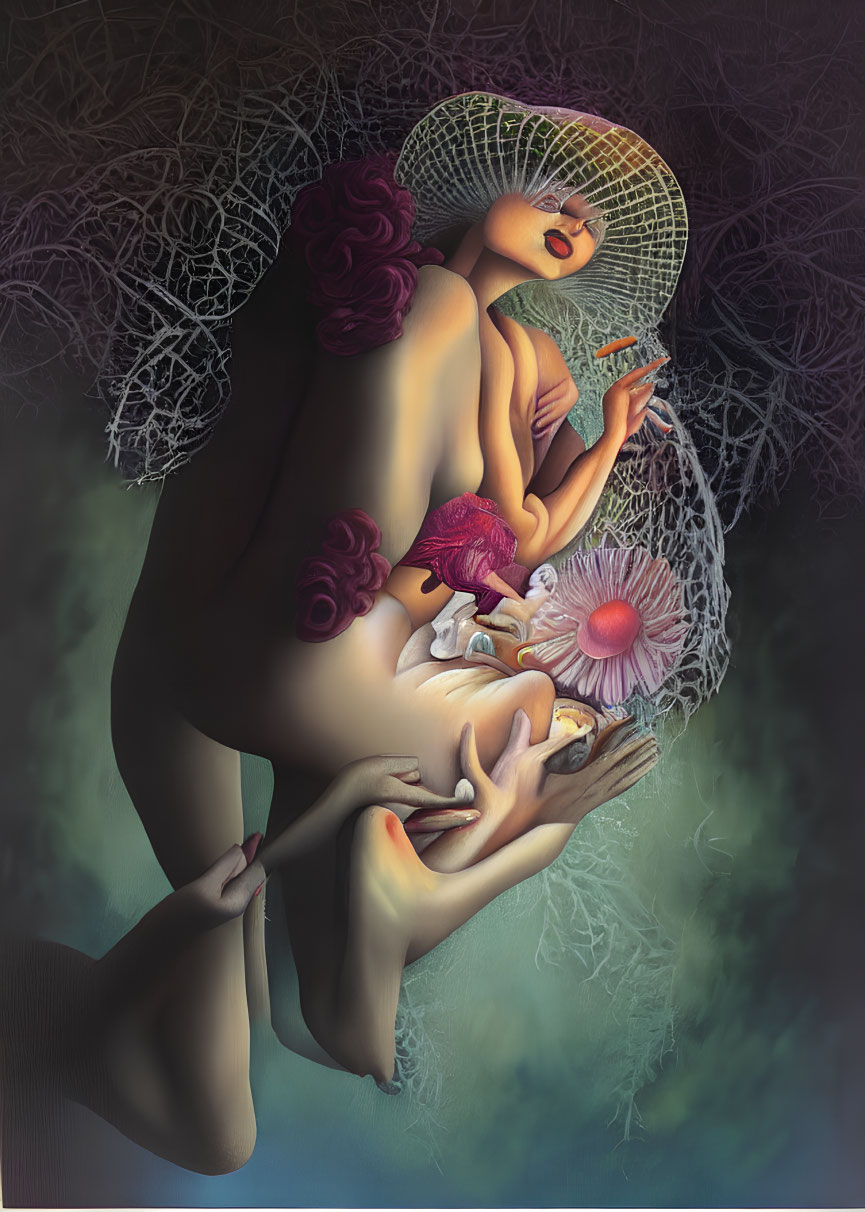 Surreal artwork of woman with floral and web-like elements