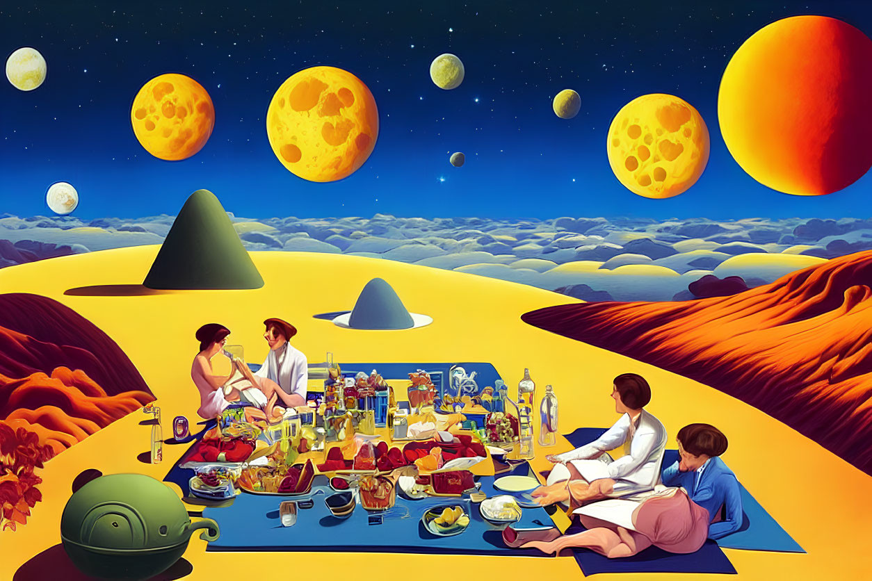 Surreal alien planet picnic with oversized moons