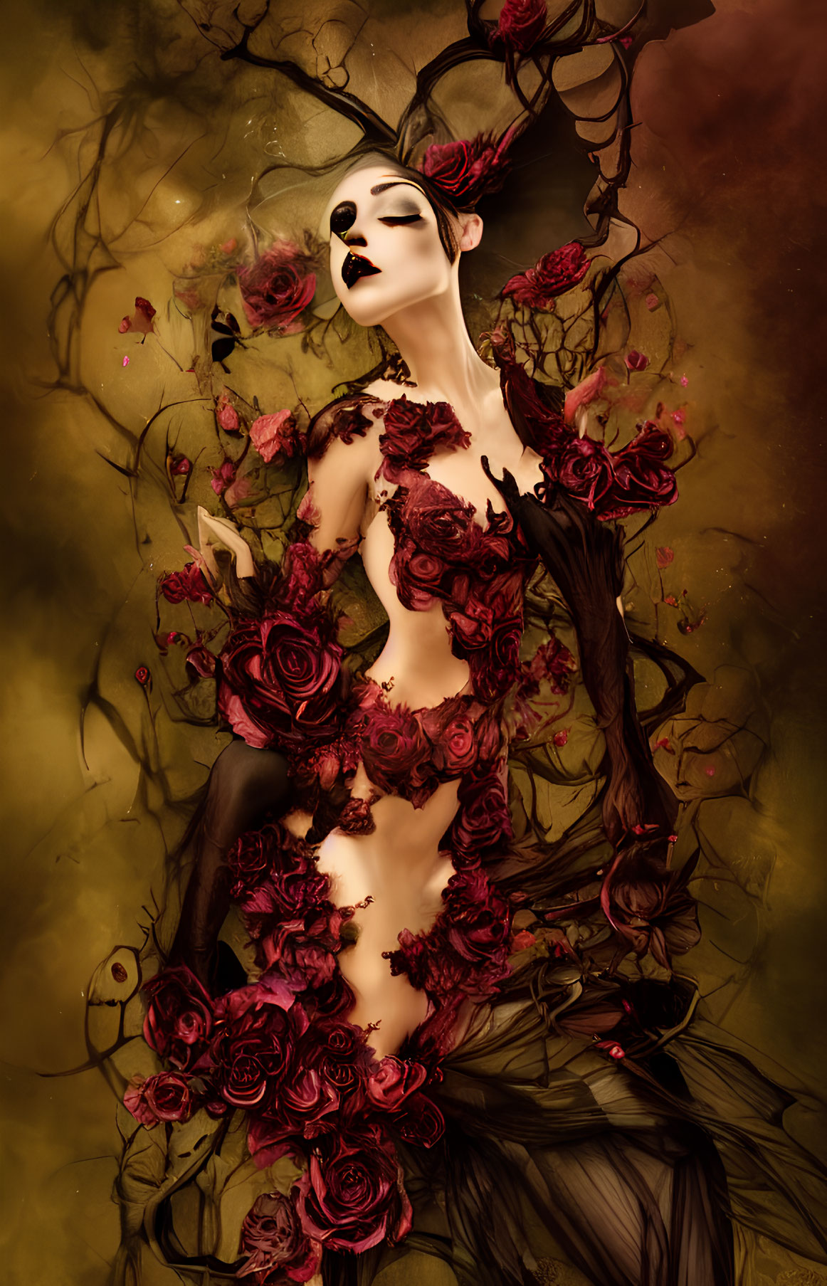 Woman blending into dark red roses with moody amber background