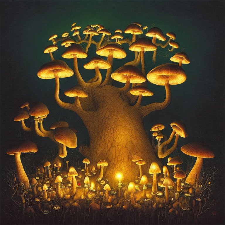 Luminous oversized mushrooms in mystical forest setting