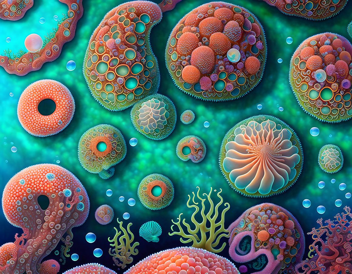 Detailed Illustration of Colorful Organisms in Teal Aquatic Setting