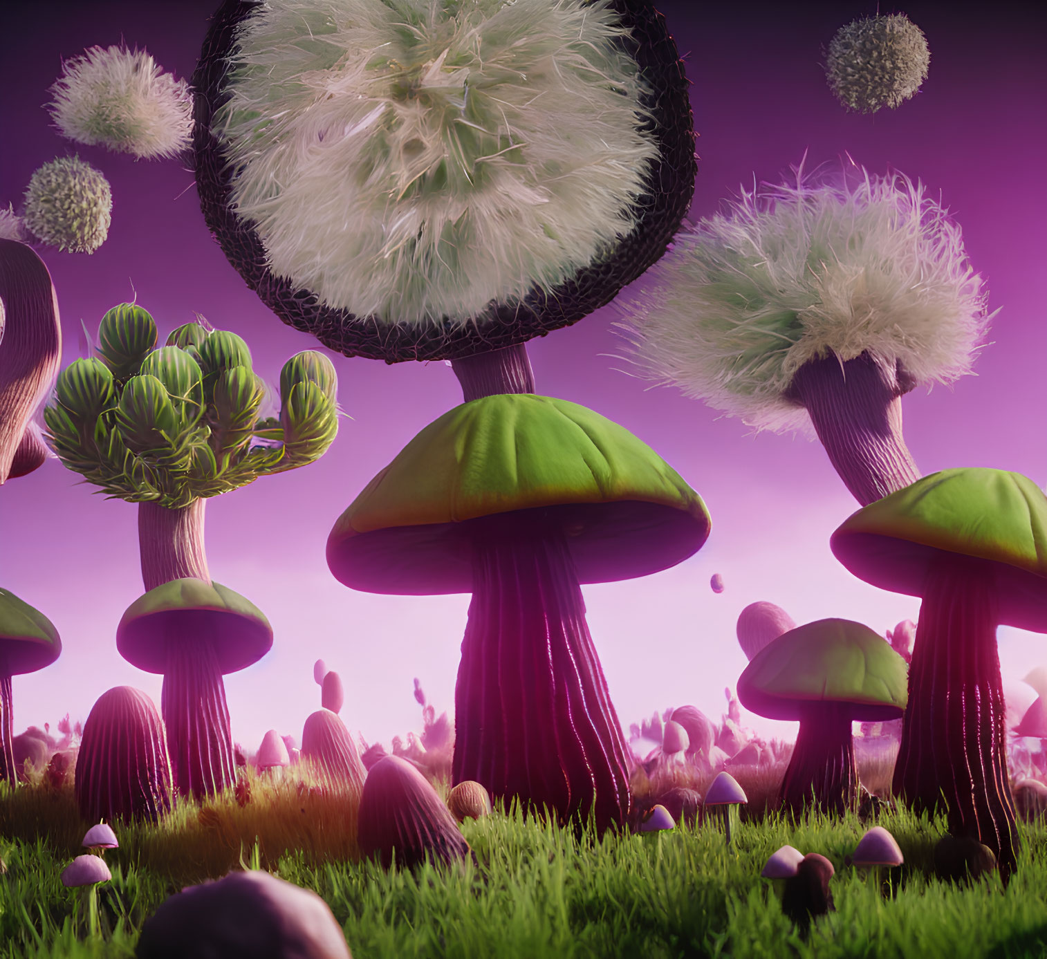 Stylized surreal landscape with fluffy mushrooms and trees under a purple sky