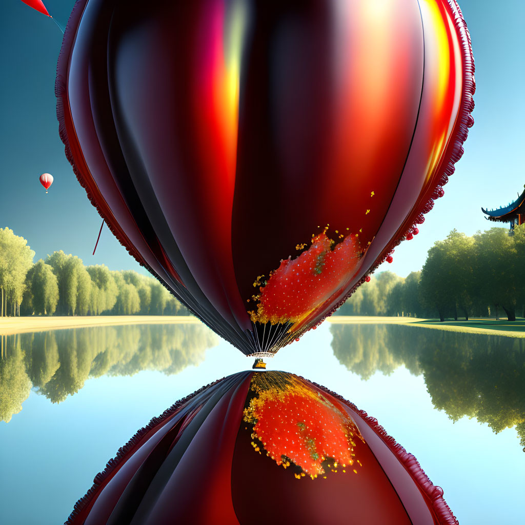 Vibrant red and black balloon reflection in calm water with park and blue sky