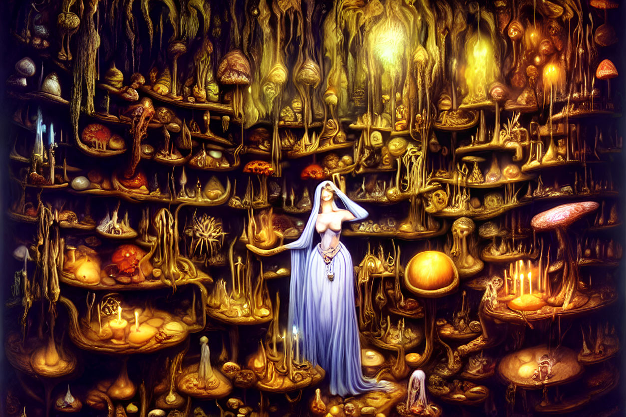 Golden-hued mystical forest with illuminated plants and woman in white dress holding orb