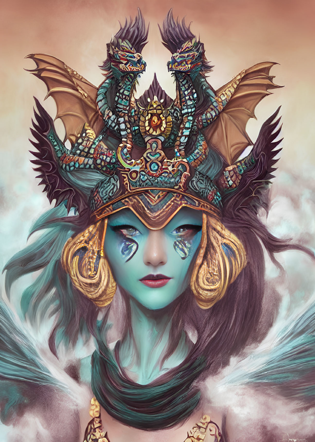 Woman with blue facial markings in dragon-themed headdress