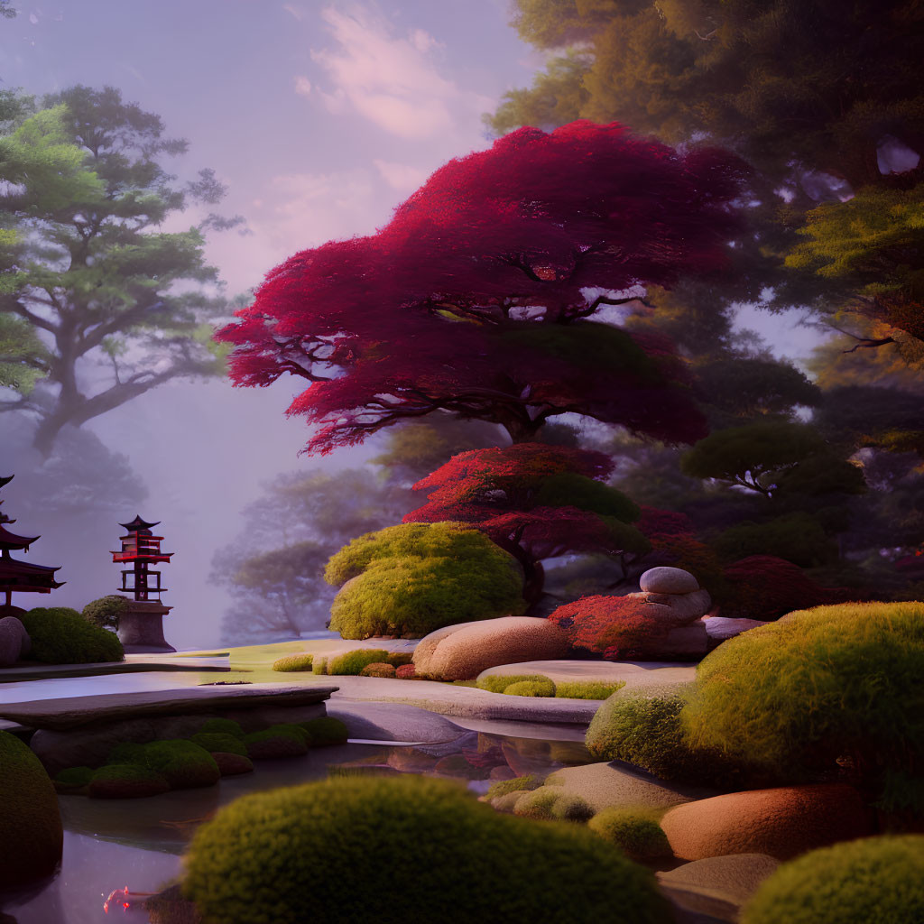 Tranquil Japanese garden at dusk with colorful trees, stone path, lantern