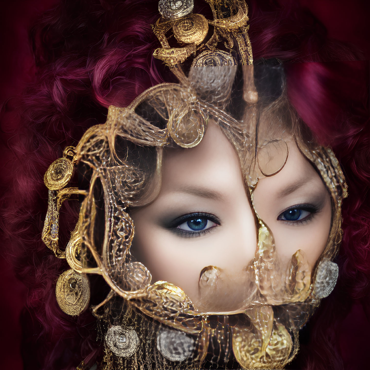 Close-up portrait of person with striking blue eyes and intricate gold headpiece against red backdrop