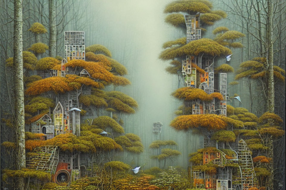 Surreal landscape with orange foliage trees and tiny buildings in misty ambiance