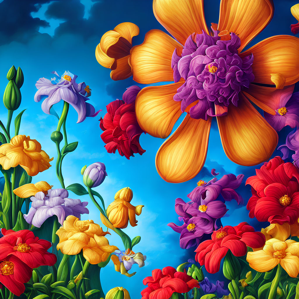 Colorful Flower Illustration Against Blue Sky with Clouds