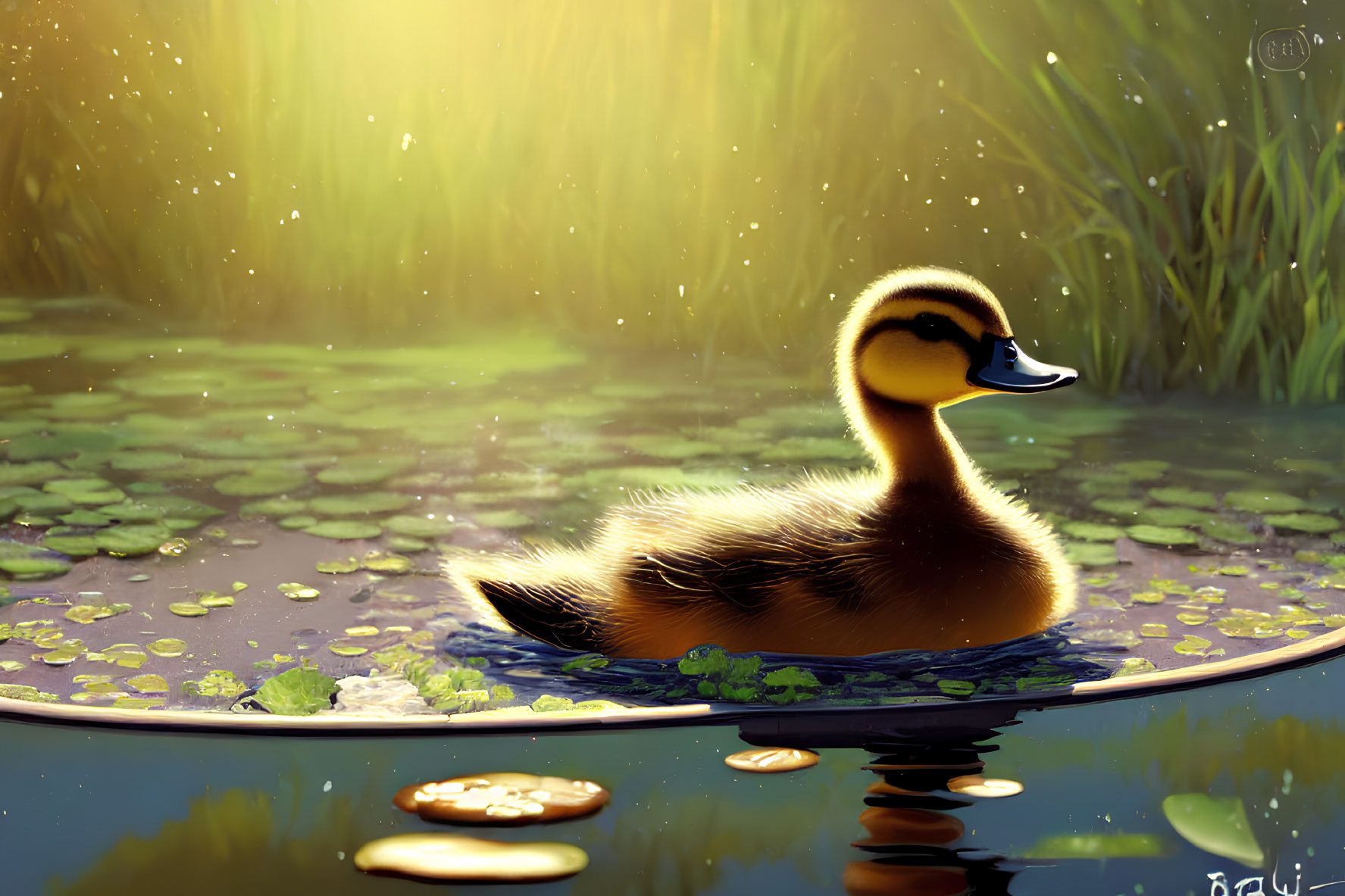 Fluffy duckling on water with lily pads under warm sunlight