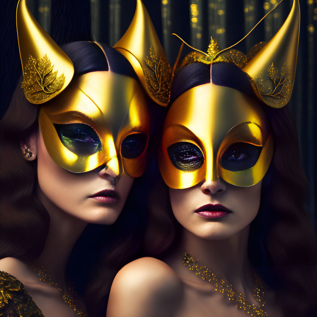 Two Women in Elaborate Golden Masks with Leaf Patterns and Matching Accessories