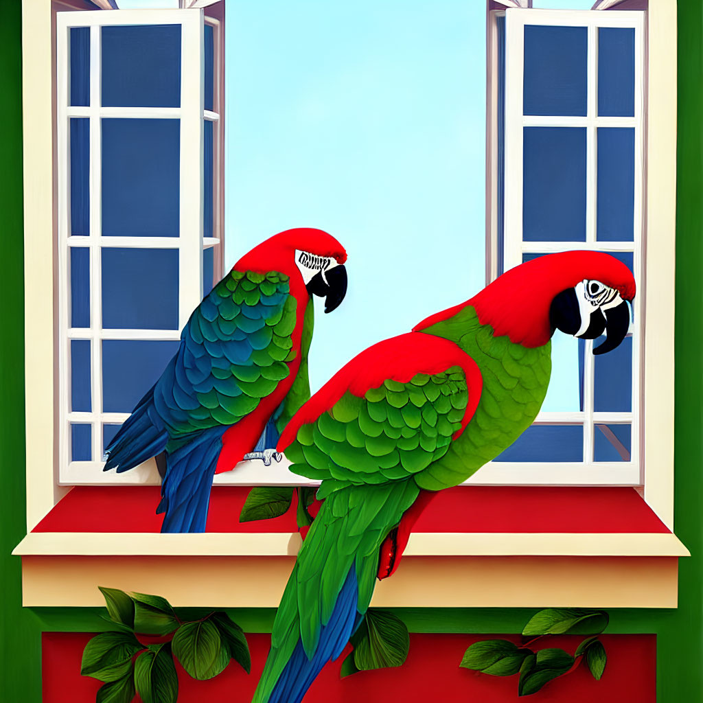 Vibrant red-and-green macaws on windowsill with open windows and lush foliage