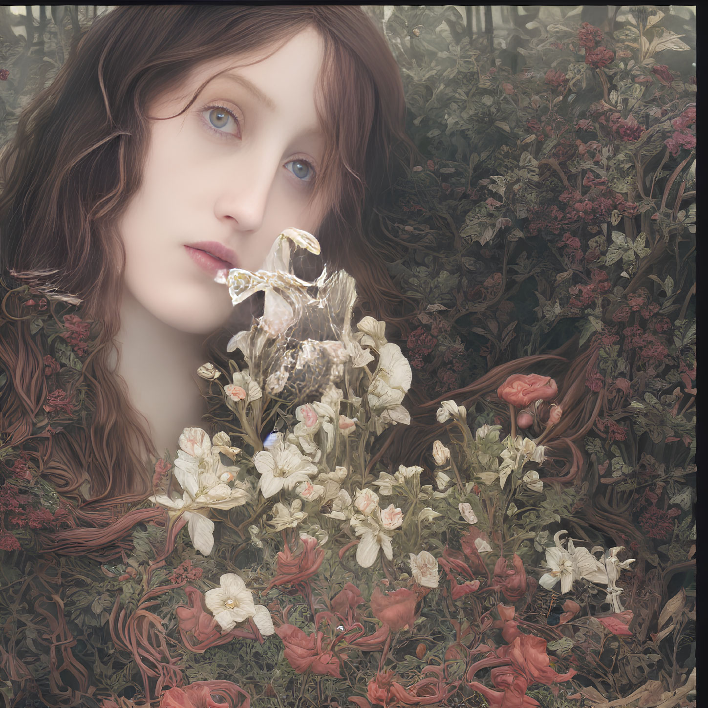 Woman with Wavy Hair and Blue Eyes in Floral Setting Holding Silver Ornament