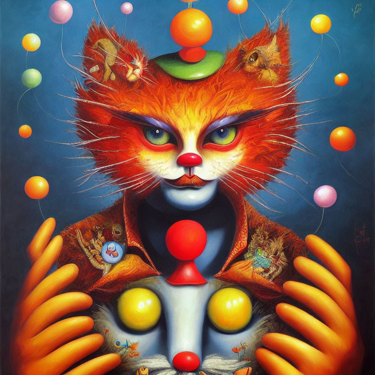 Surrealist painting: Cat with human-like face juggling balls, kittens on jacket, blue background