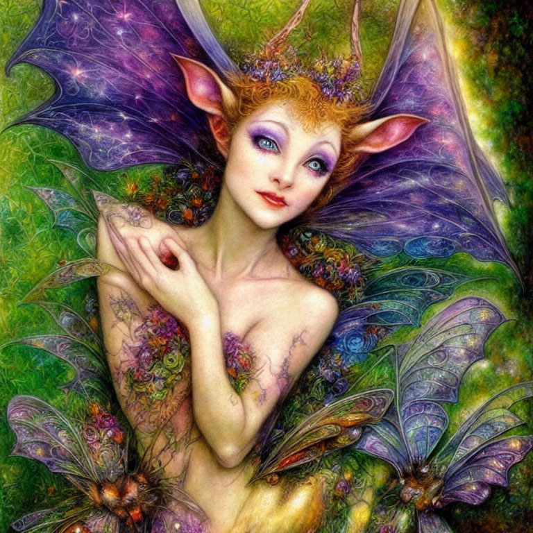 Colorful fairy with delicate wings in vibrant forest.