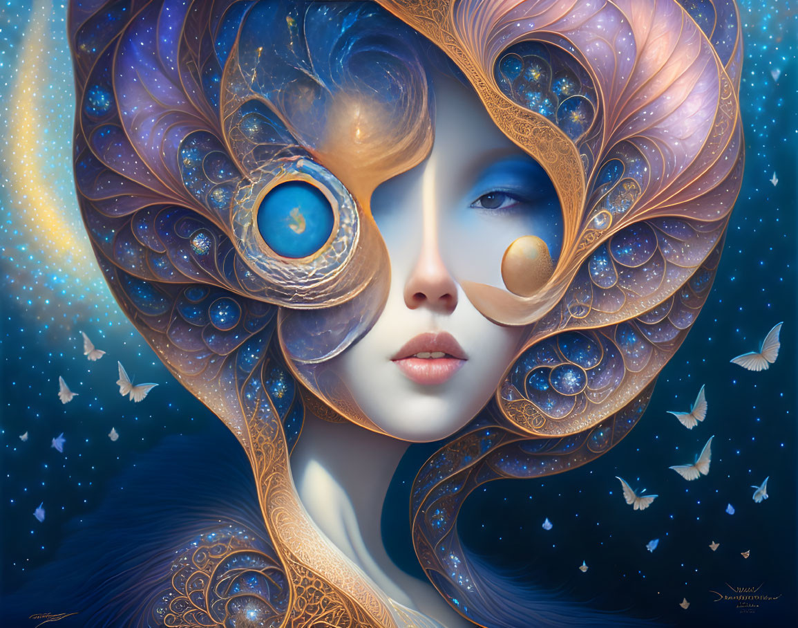 Surreal illustration: woman with cosmic headdress and butterflies on starry backdrop