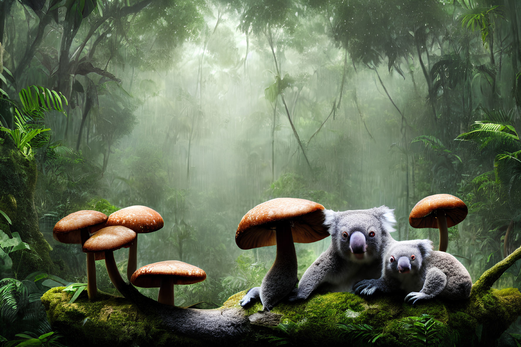 Two koalas resting near large mushrooms in misty green forest