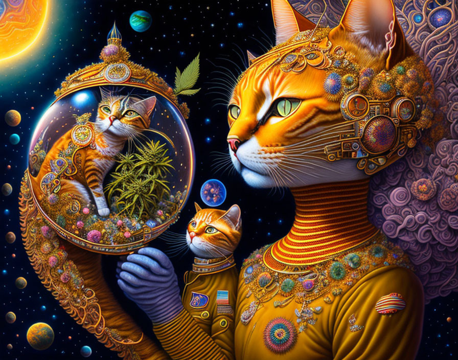 Colorful anthropomorphic cat holding sphere with smaller cat in cosmic backdrop