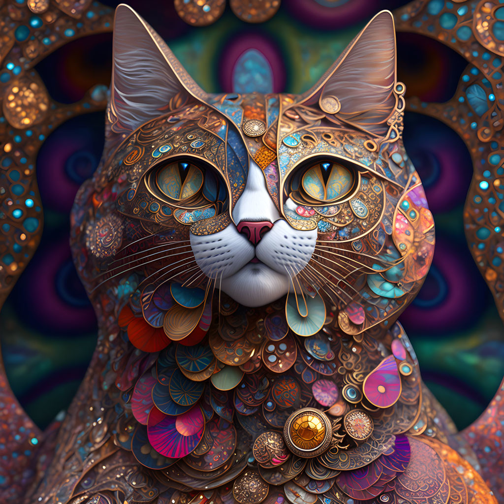 Colorful Stylized Cat Artwork with Intricate Patterns and Vibrant Hues